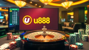 Experience thrilling gameplay at u888 with roulette, poker chips, and vibrant casino atmosphere.