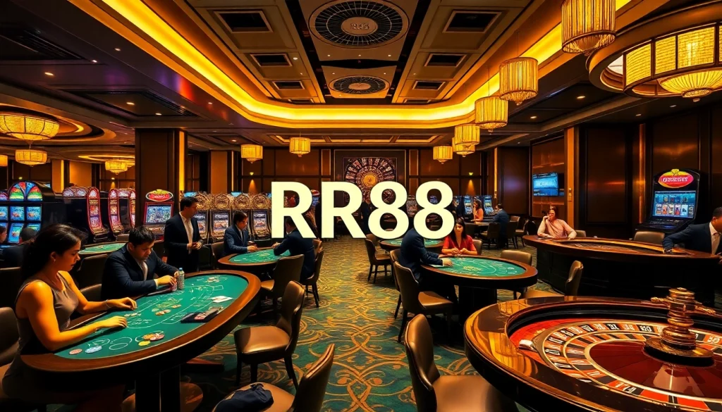 Experience the excitement of RR88 at a luxurious casino with vibrant gaming tables and elegant decor.