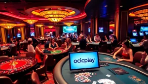 Players enjoying games at a luxurious casino floor with onicplay interface visible.