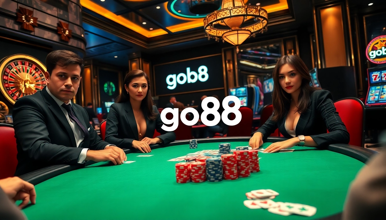 A group of players engaged in a high-stakes poker game at a luxurious casino representing go88, showcasing chips and cards.