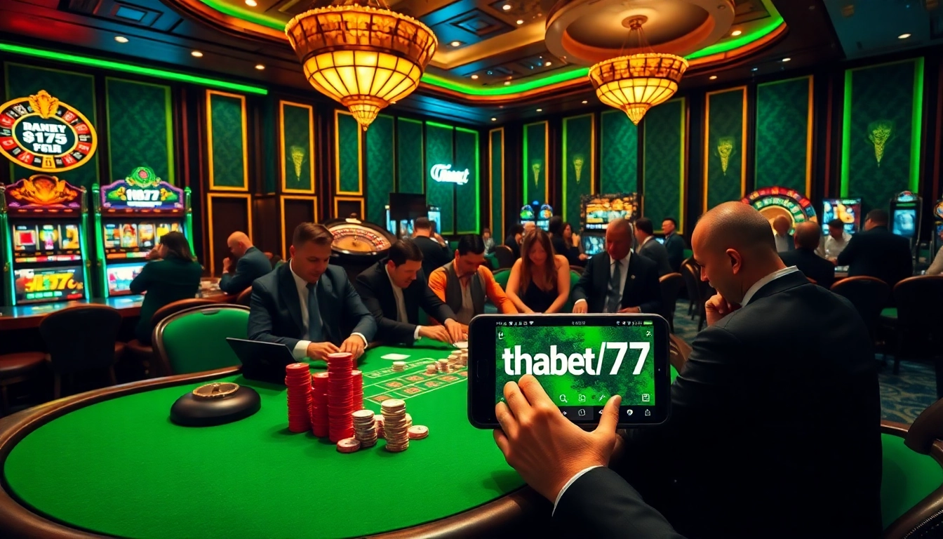 Experience thrilling poker action at Thabet77's luxurious gaming tables, surrounded by vibrant casino atmosphere.