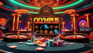 Spin the Olympus slot machine amid a luxurious casino setup, featuring vibrant colors and thrilling details.