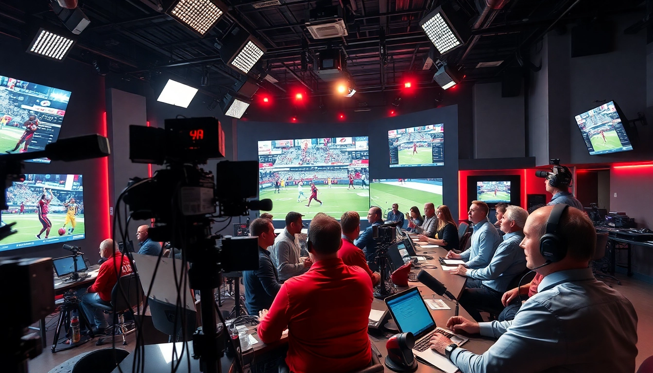 Dynamic scene of sports broadcasting professionals engaging with equipment and displays.