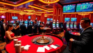 Engaging scene at BK8 เว็บตรง casino with players enjoying roulette and slots.