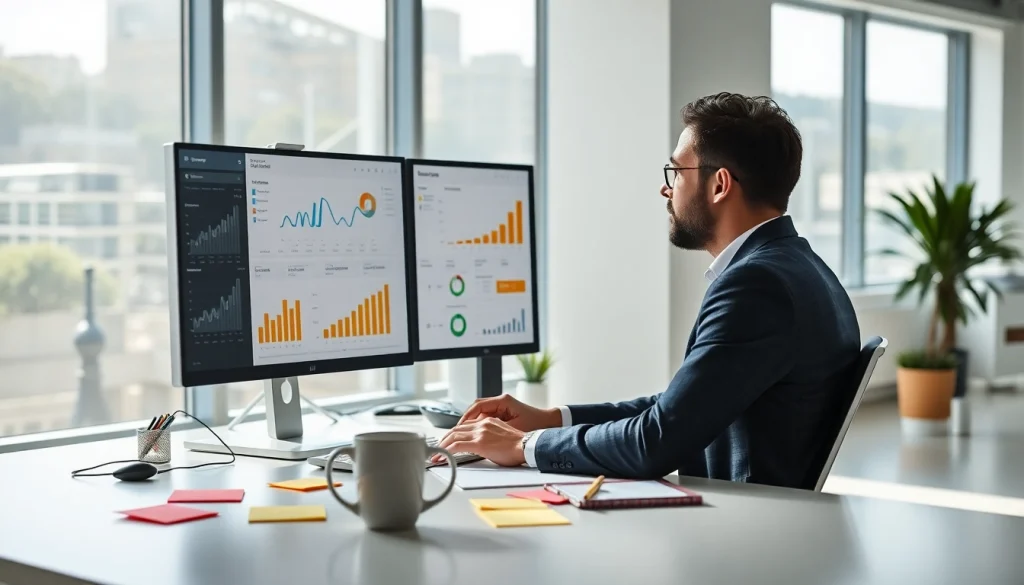 Engaging Social Media Marketing strategies displayed on dual computer screens in a modern office setup.