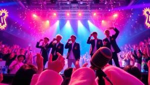 BTS news highlights energetic concert moments featuring the band members surrounded by fans.