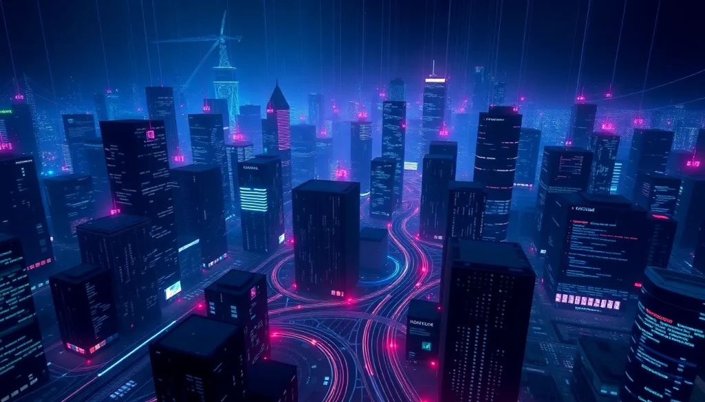 Detailed visualization of the hidden wiki dark web's cityscape, with neon lights and digital architecture.