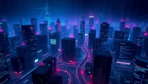 Detailed visualization of the hidden wiki dark web's cityscape, with neon lights and digital architecture.