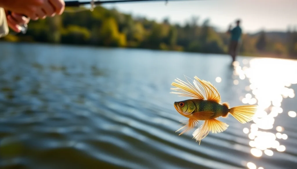 Captivating scene of fly fishing for bass with a vibrant fly lure and beautiful lake setting.