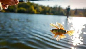 Captivating scene of fly fishing for bass with a vibrant fly lure and beautiful lake setting.