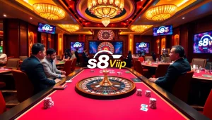 S88vip logo featured prominently on an exciting casino table with poker chips and warm lighting.
