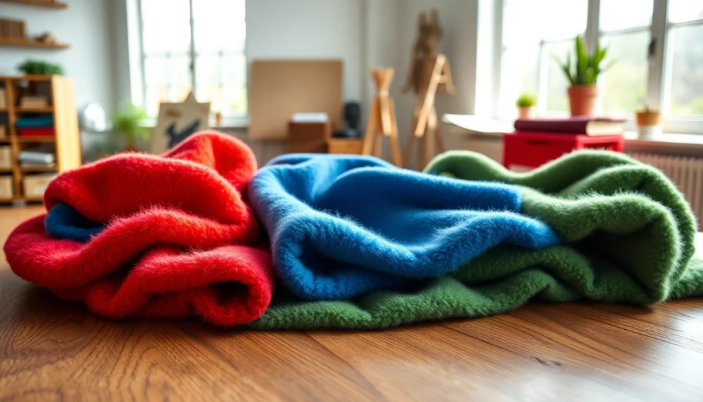 Bekijk gedessineerde fleece stoffen in een creatieve ontwerpruimte, prachtig gepresenteerd.