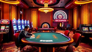 Experience thrilling gameplay at GO99's luxurious casino with poker tables and vibrant slot machines.