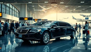 Vancouver limo service to airport with a luxurious black limousine and a busy airport backdrop.