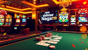 Engage with cara daftar Naga169 through a vibrant luxury casino scene featuring dynamic slot machines and stylish gaming tables.