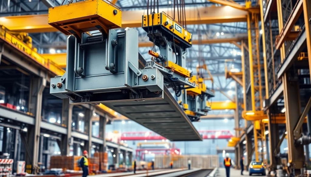 Double girder bridge crane lifting a steel beam at a construction site.
