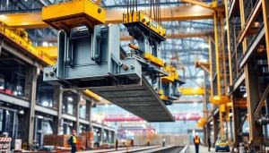 Double girder bridge crane lifting a steel beam at a construction site.