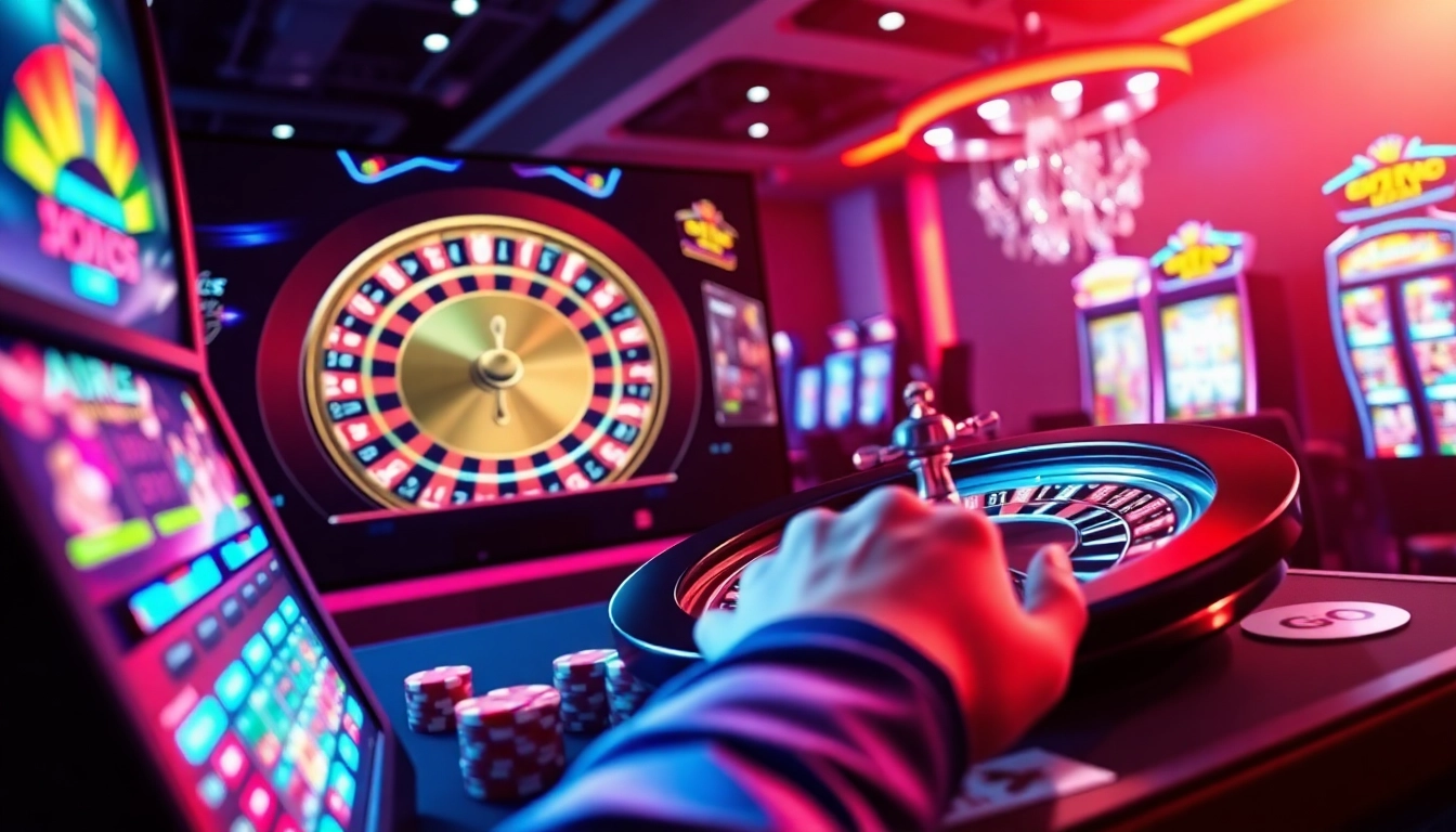 Engage in thrilling gtatogel betting with a vibrant casino atmosphere showcasing roulette and slot machines.
