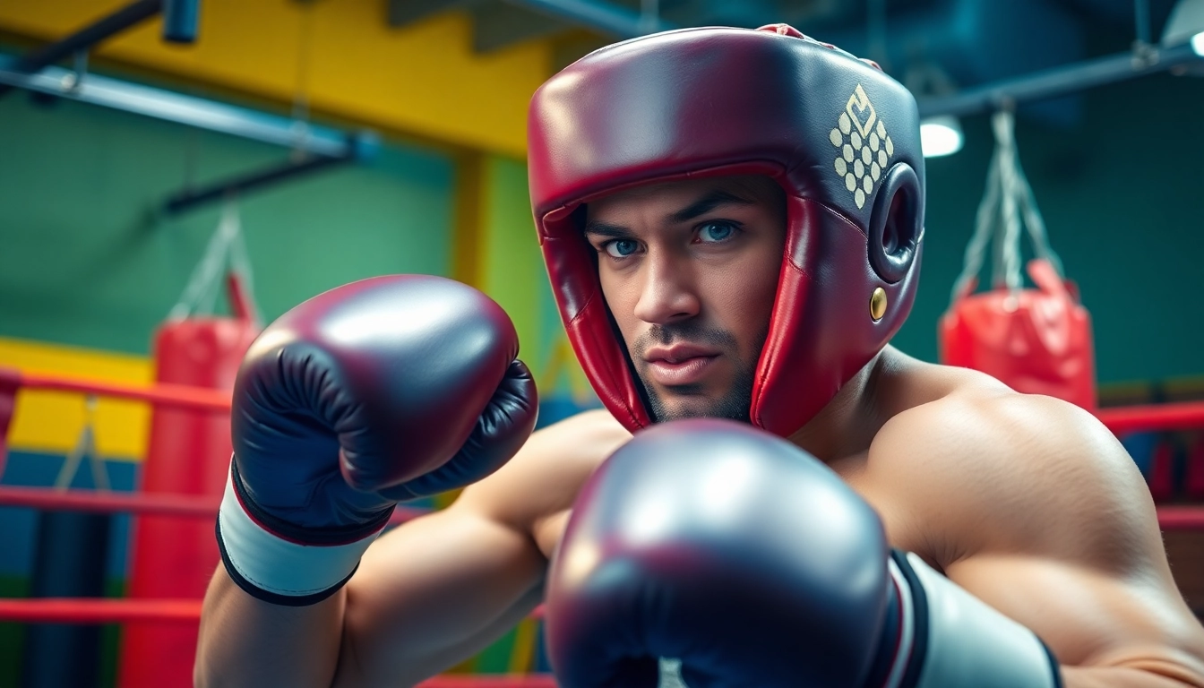 Boxer in headgear boxing demonstrating techniques in a colorful gym environment.