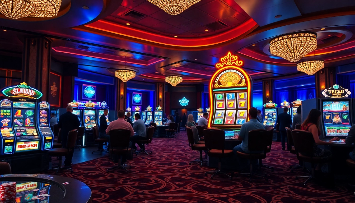 Players enjoying a vibrant pg slot machine in a luxurious casino atmosphere, with chips and cards.