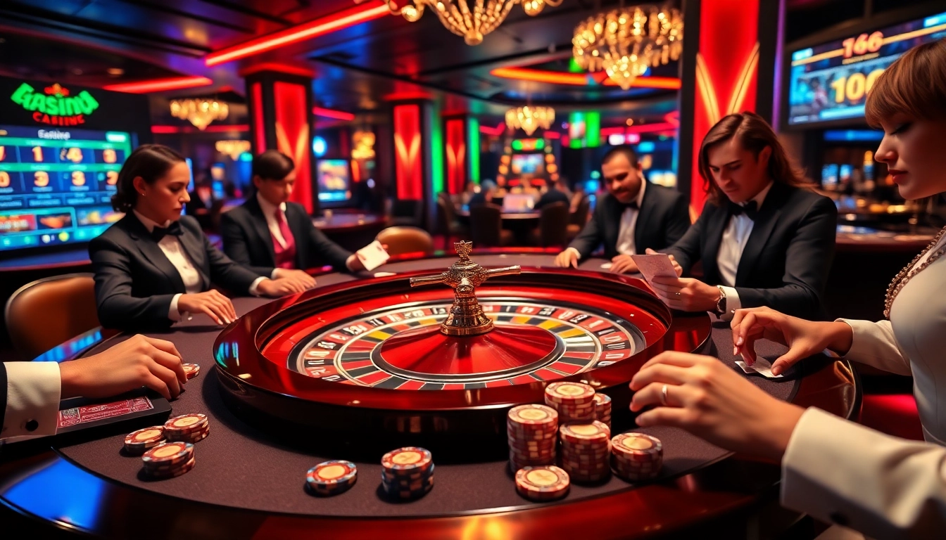 Vivez l'excitation du casino en ligne argent réel France avec des joueurs à une table de roulette luxueuse.