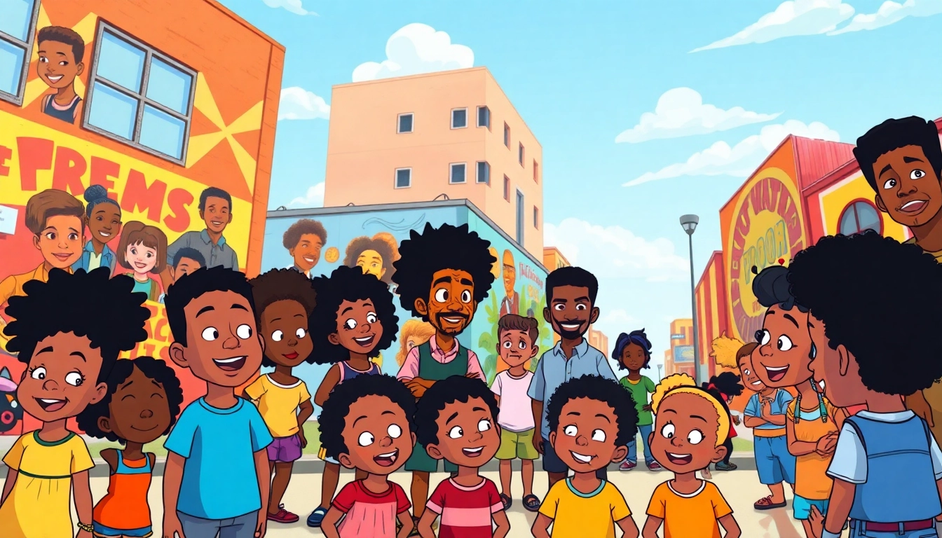 A dynamic scene featuring African American Cartoons' characters in a colorful urban setting, celebrating diversity and culture.