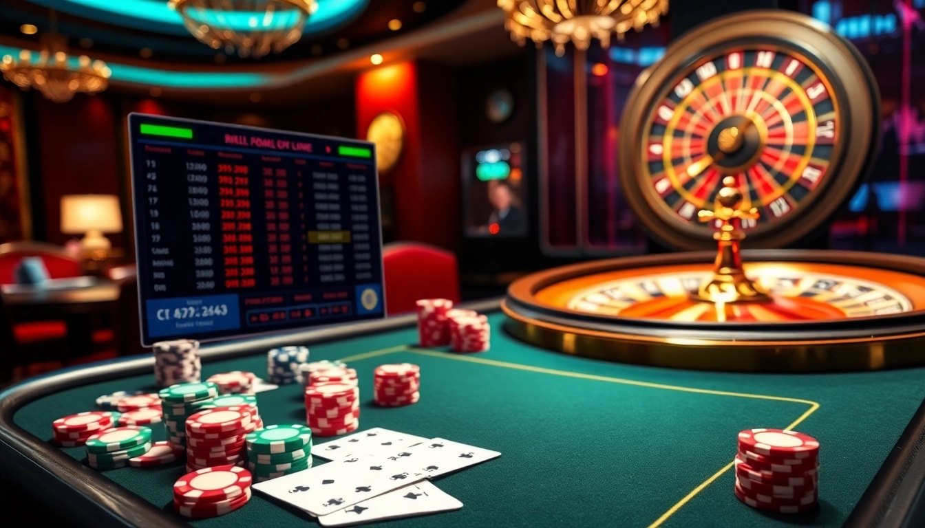 Jeu intense dans un casino en ligne argent réel France avec des jetons de poker vibrants et une roue de roulette.