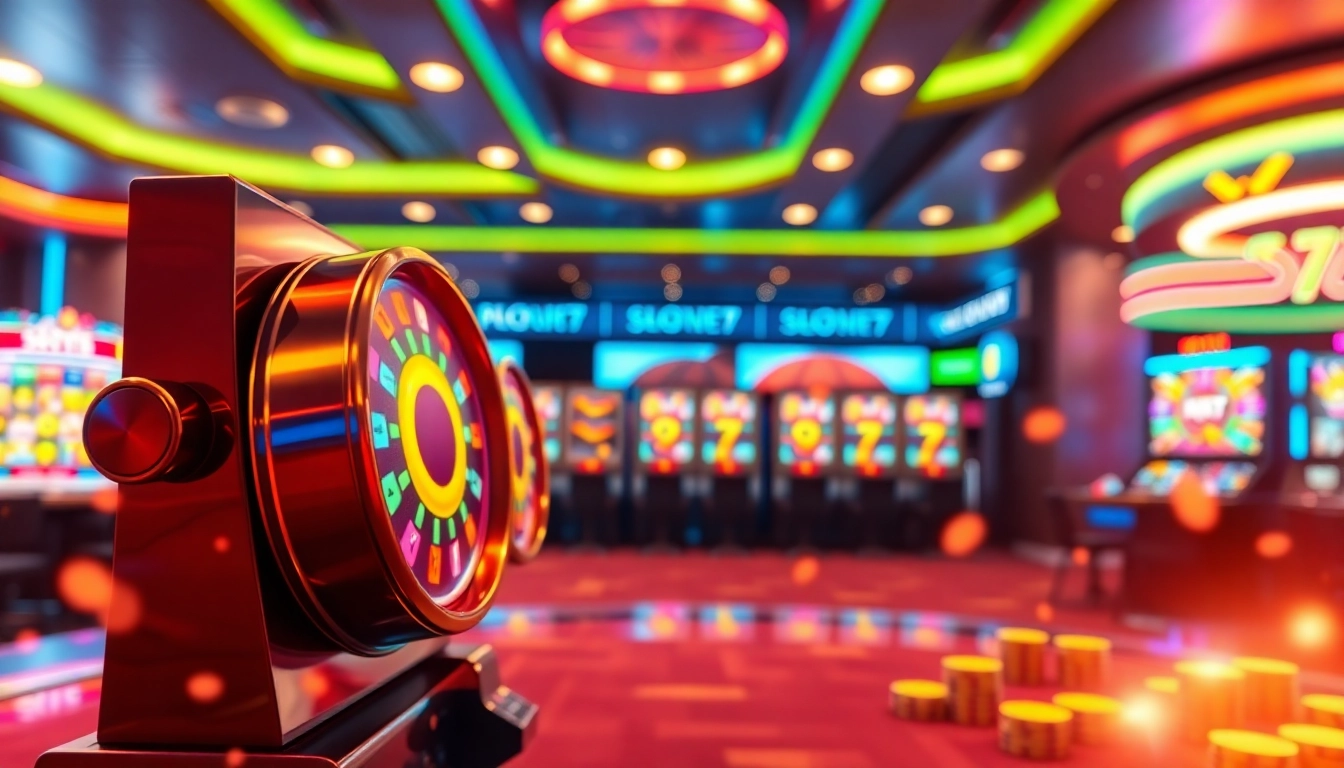 Menggandeng Slot77, antarmuka permainan slot digital bercahaya di lingkungan kasino.