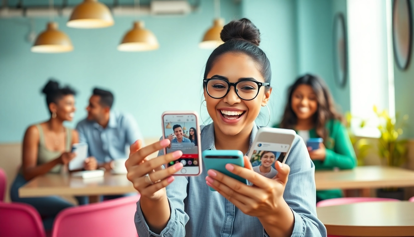 tiktok いいね 買う ために笑顔でスマホを使う人々