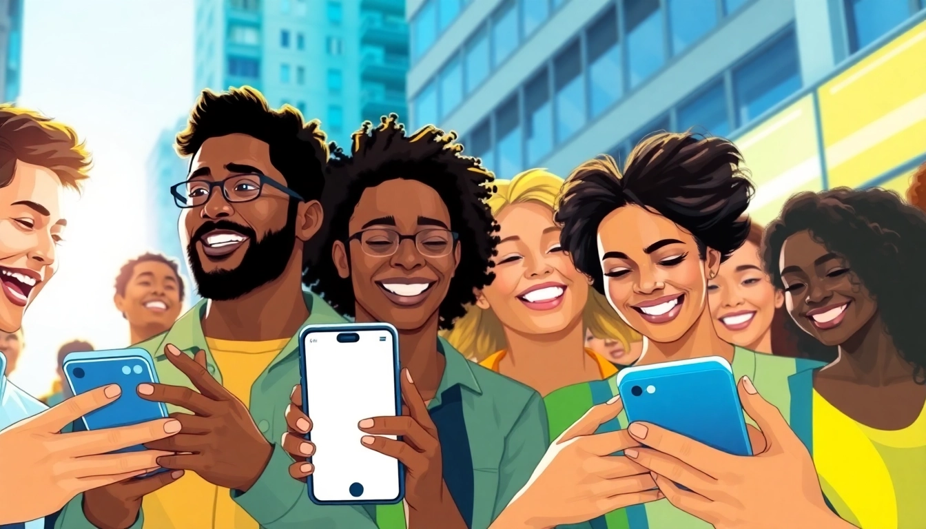 インスタ フォロワー購入 おすすめに関するスマートフォンを持つ人々の活気あるイラスト。