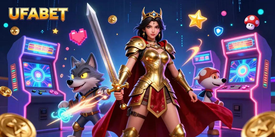 Experience thrilling gameplay at UFABET with a stunning warrior queen and a magical wolf in a vibrant casino.