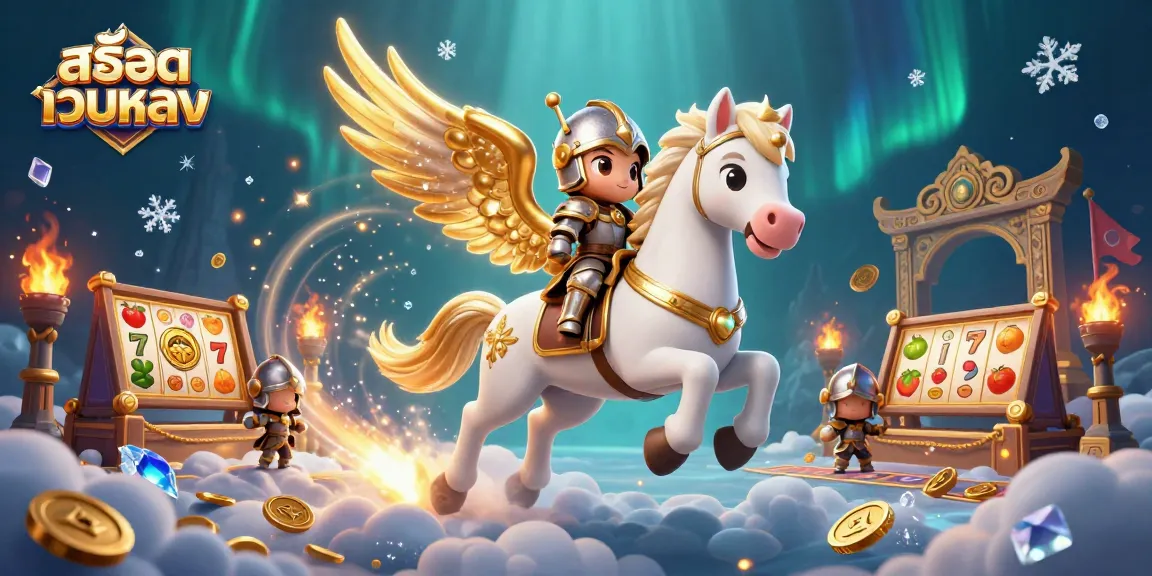 Engage with สล็อตเว็บตรง in this vibrant casino scene featuring a mystical horse and knight.