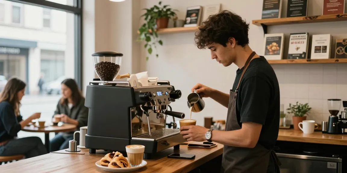Barista creating latte art at https://forumup.org/shop/search.php?ca_id=&addr1=&addr2=&addr3=&schKeyword in cozy urban café.