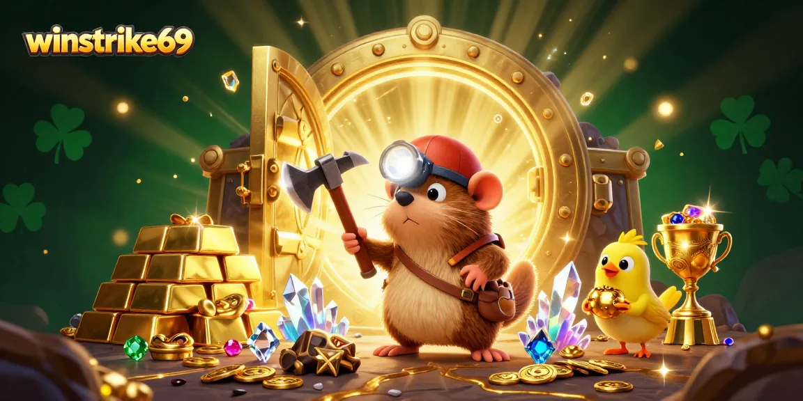 Winstrike69 engages in thrilling casino adventures with a treasure hunter and sparkling gems.