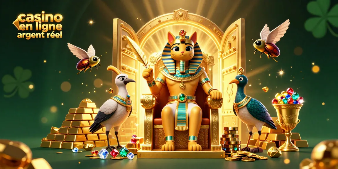 Jouez sur le casino en ligne argent réel avec des personnages de pharaon et de nombreux trésors scintillants.