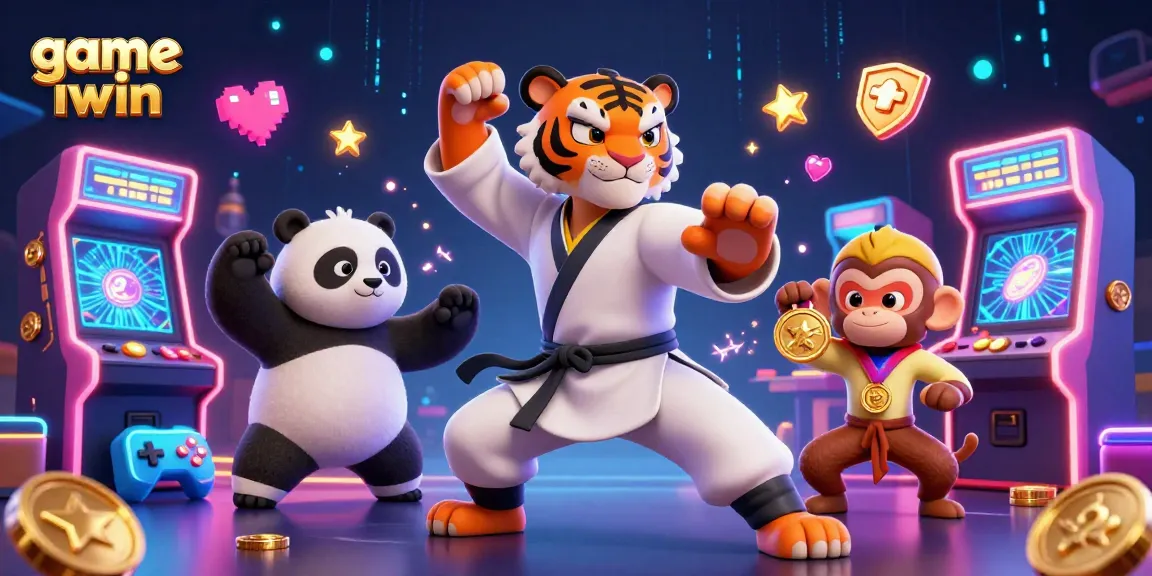 Engage in the exciting game iwin where a kung fu tiger leads a panda student against a backdrop of vibrant casino elements.