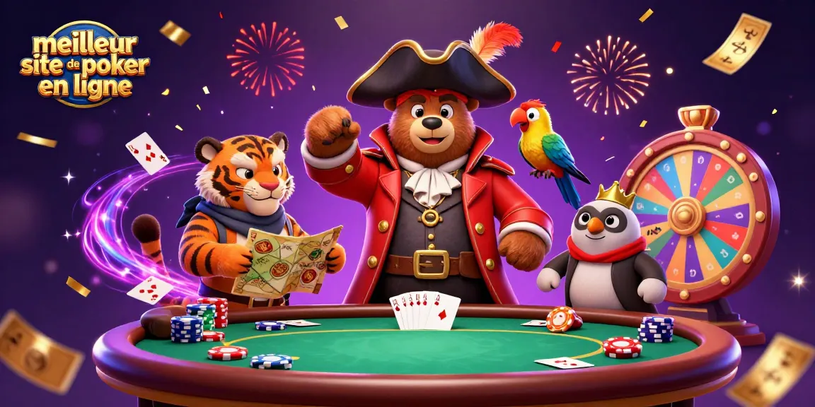 Jouer au poker en ligne sur le meilleur site de poker en ligne avec des personnages colorés et des éléments festifs.