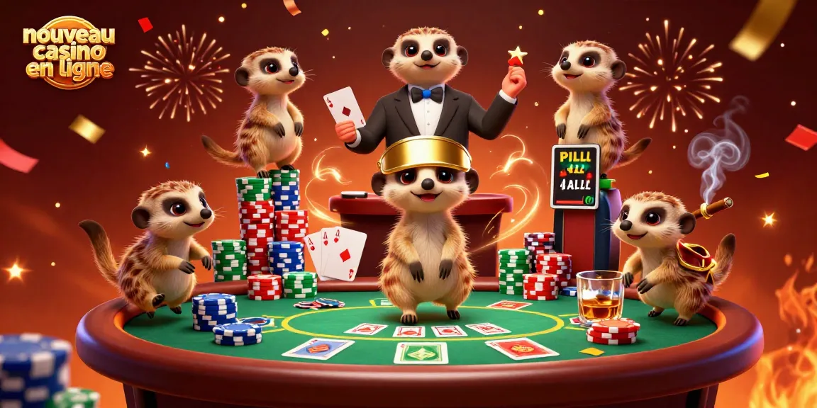 Découverte de nouveau casino en ligne avec des suricates animés jouant aux cartes et célébrant des gains.