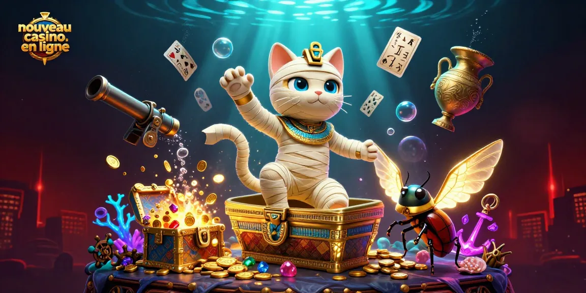 Illustration 3D du nouveau casino en ligne avec une momie égyptienne et des cartes flottantes.