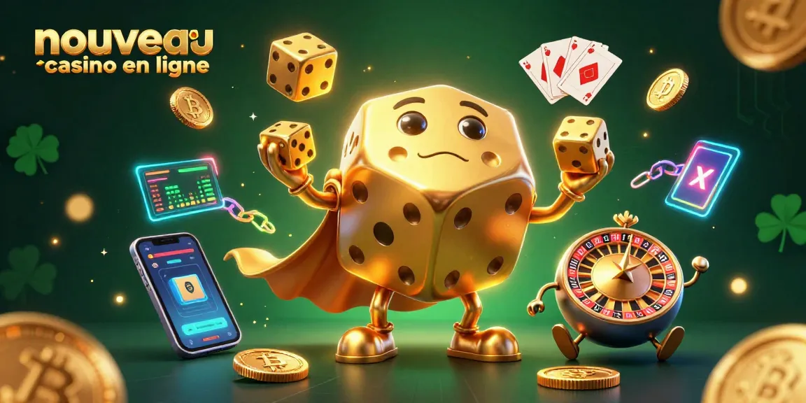 Jouer dans un nouveau casino en ligne avec un golem de dés doré et des pièces de crypto-monnaie.