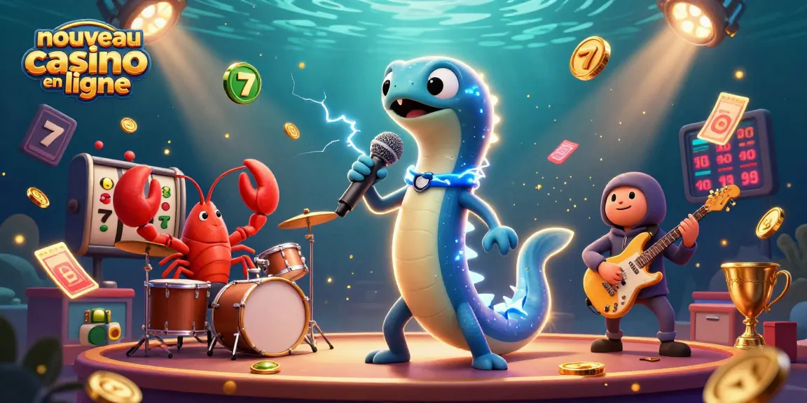 Célébrez le nouveau casino en ligne avec une scène animée d'un poisson électrique DJ entouré de musiciens marins et des éléments de jeu