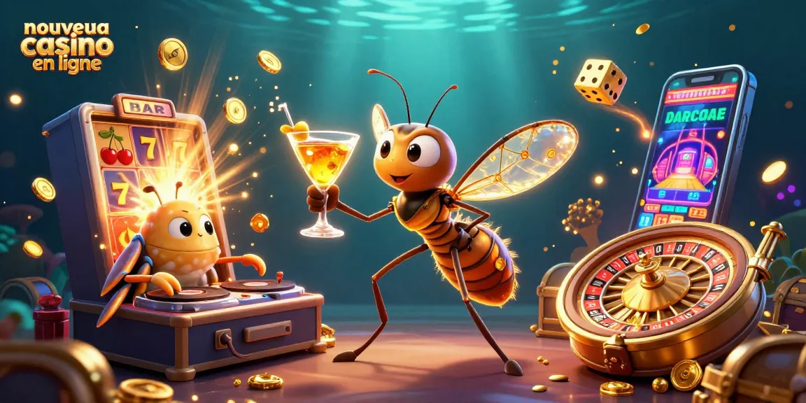 Illustration riche et dynamique de nouveaux casinos en ligne avec un moustique, un DJ trilobite et une roulette dorée.