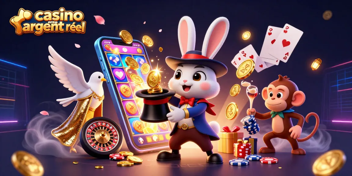 Jouez au casino en ligne argent réel avec un unique magicien et son assistante, entourés de jetons de poker et d'effets magiques.