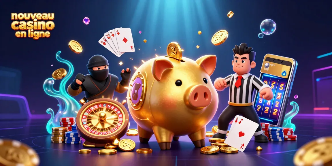 Jouez sur un nouveau casino en ligne avec une illustration dynamique représentant des personnages de casino entourés de pièces d'or et de cartes.