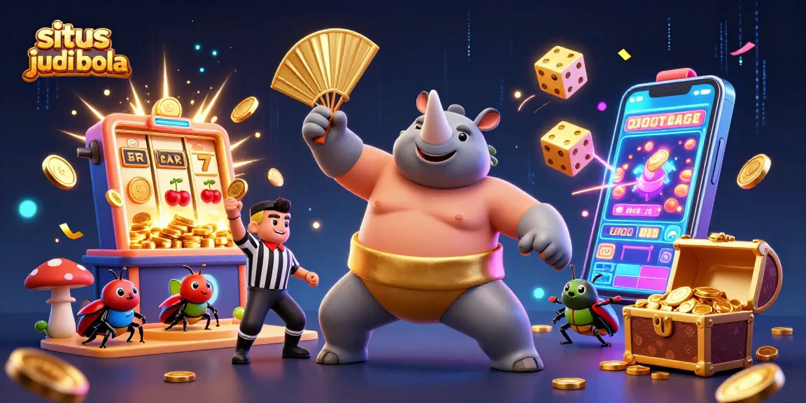 Engage with situs judi bola as a cartoon rhinoceros beetle sumo stomps, showering coins in a vibrant casino scene.