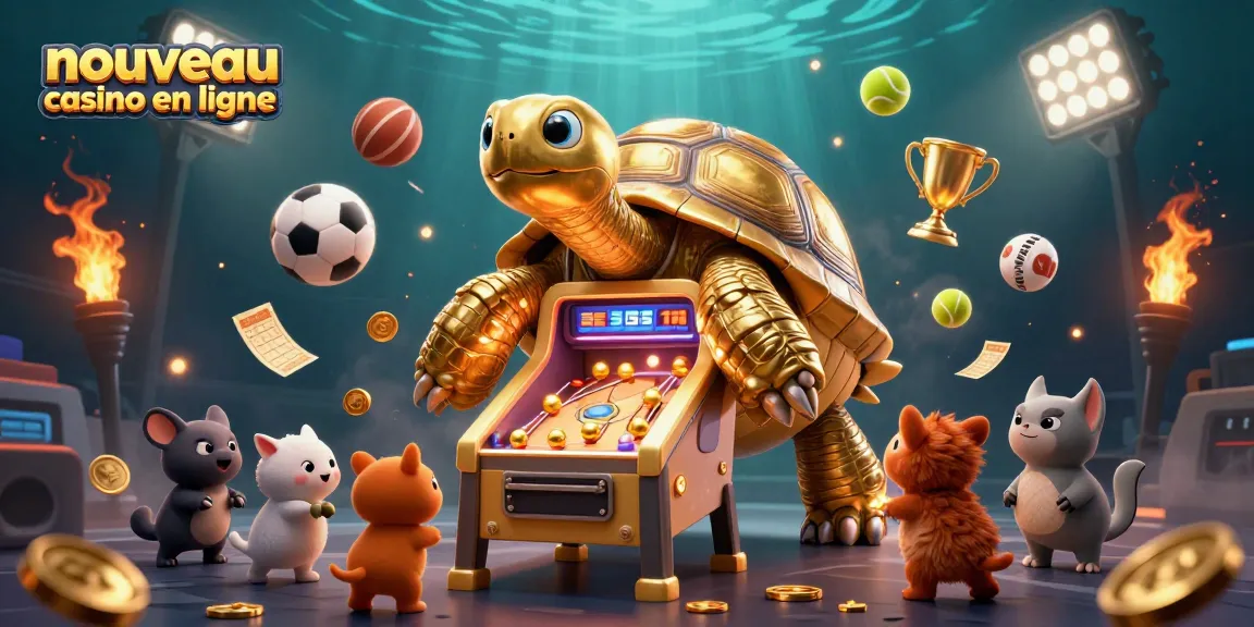 Image illustrant un nouveau casino en ligne avec une tortue géante en machine à pinball entourée d’animaux, ballons de sport et pièces d’or.
