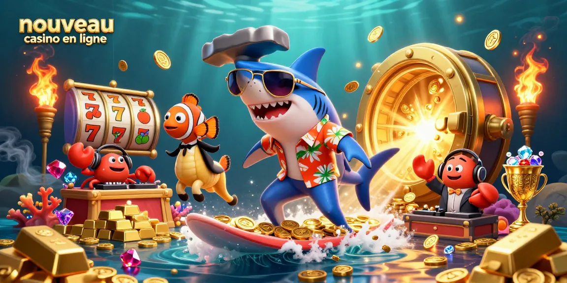 Nouveau casino en ligne avec un requin marteau et un poisson clown, ambiance ludique et colorée de jeux