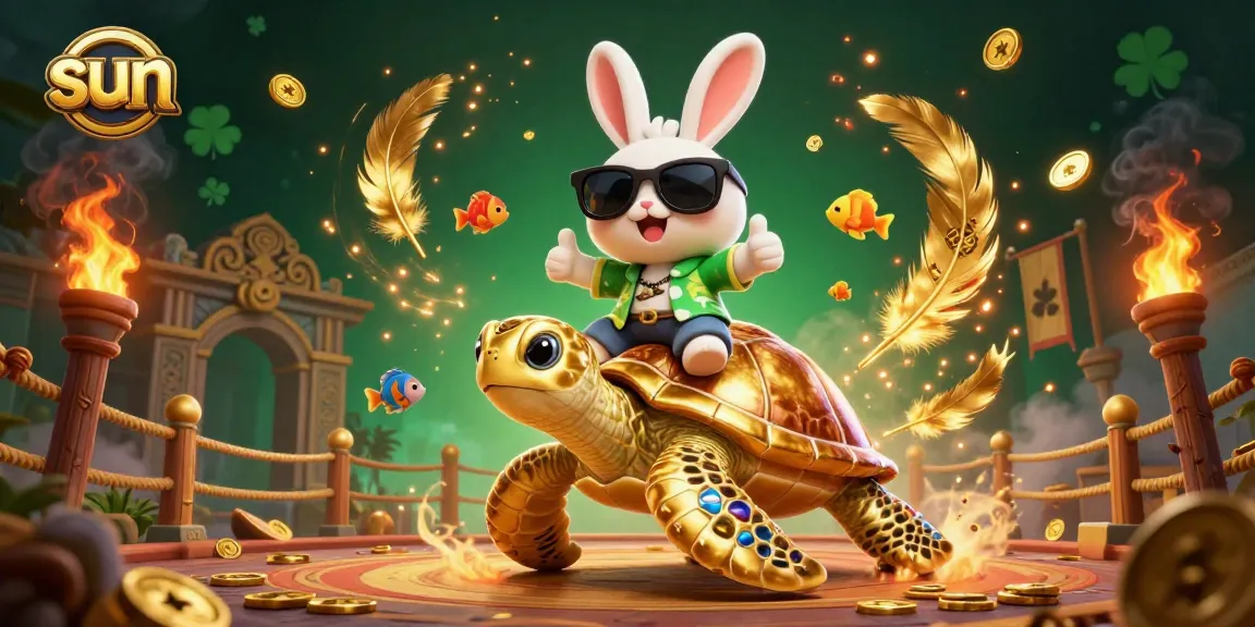 Spin sun-themed slots with fortune as the lucky rabbit celebrates success on a golden sea turtle.