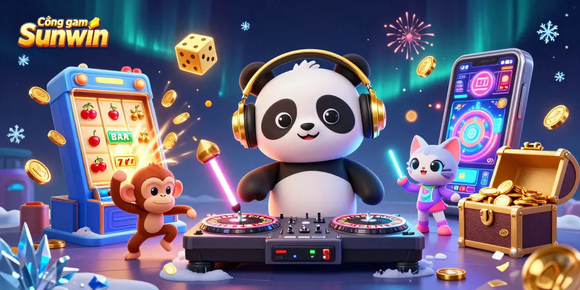 Cổng game Sunwin lively scene featuring DJ panda spinning, breakdancing monkey, and glowing kitten amidst dynamic casino elements.
