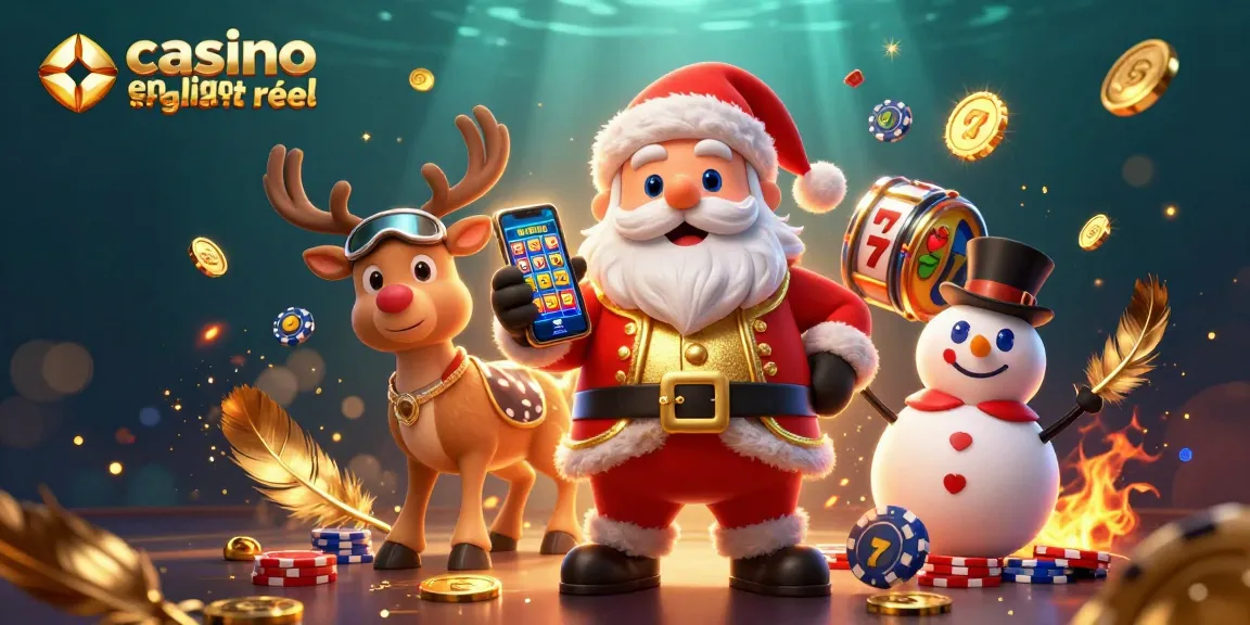 Jouez au casino en ligne argent réel avec Santa, un renne et un bonhomme de neige dans un décor festif.